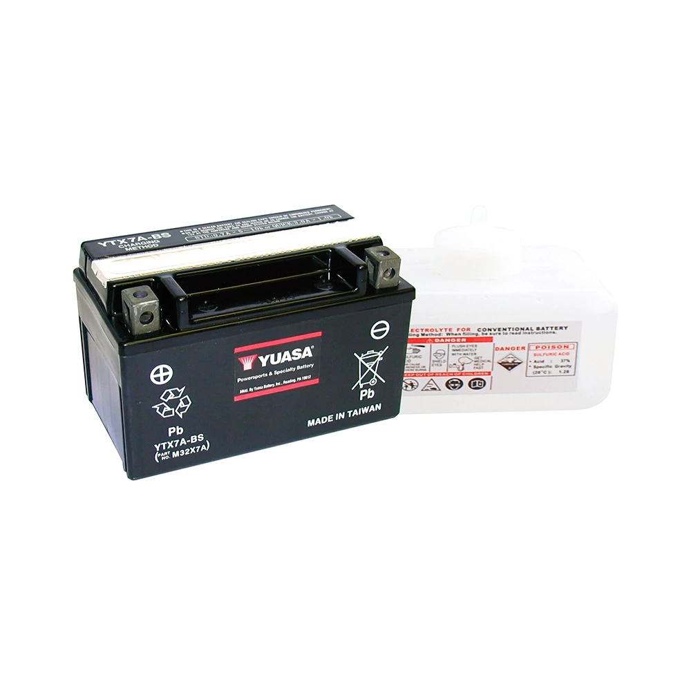 Batterie YTX7A-BS Yuasa ouverte avec pack acide