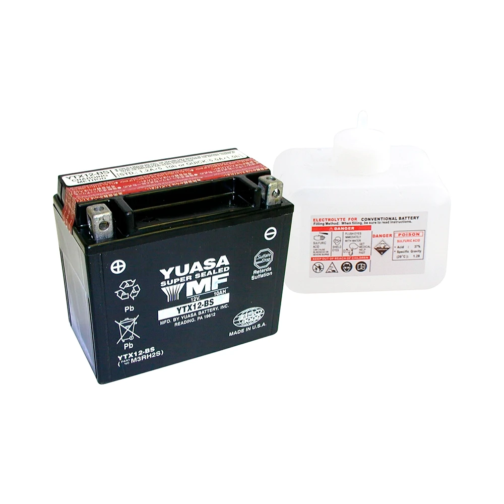 Batterie YTX12-BS Yuasa ouverte avec pack acide