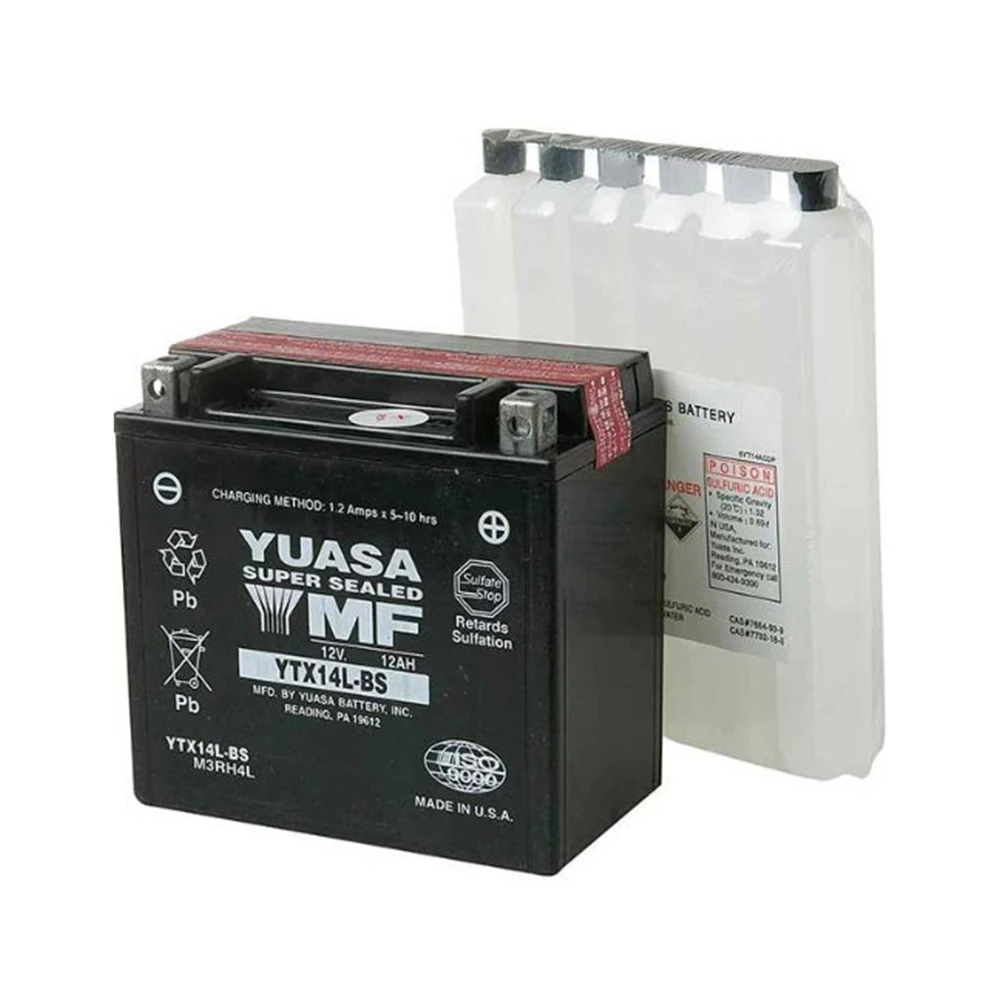 Batterie YTX14L-BS Yuasa ouverte avec pack acide