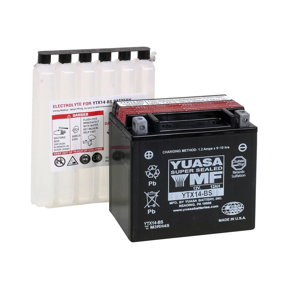 Batterie YTX14-BS Yuasa ouverte avec pack acide