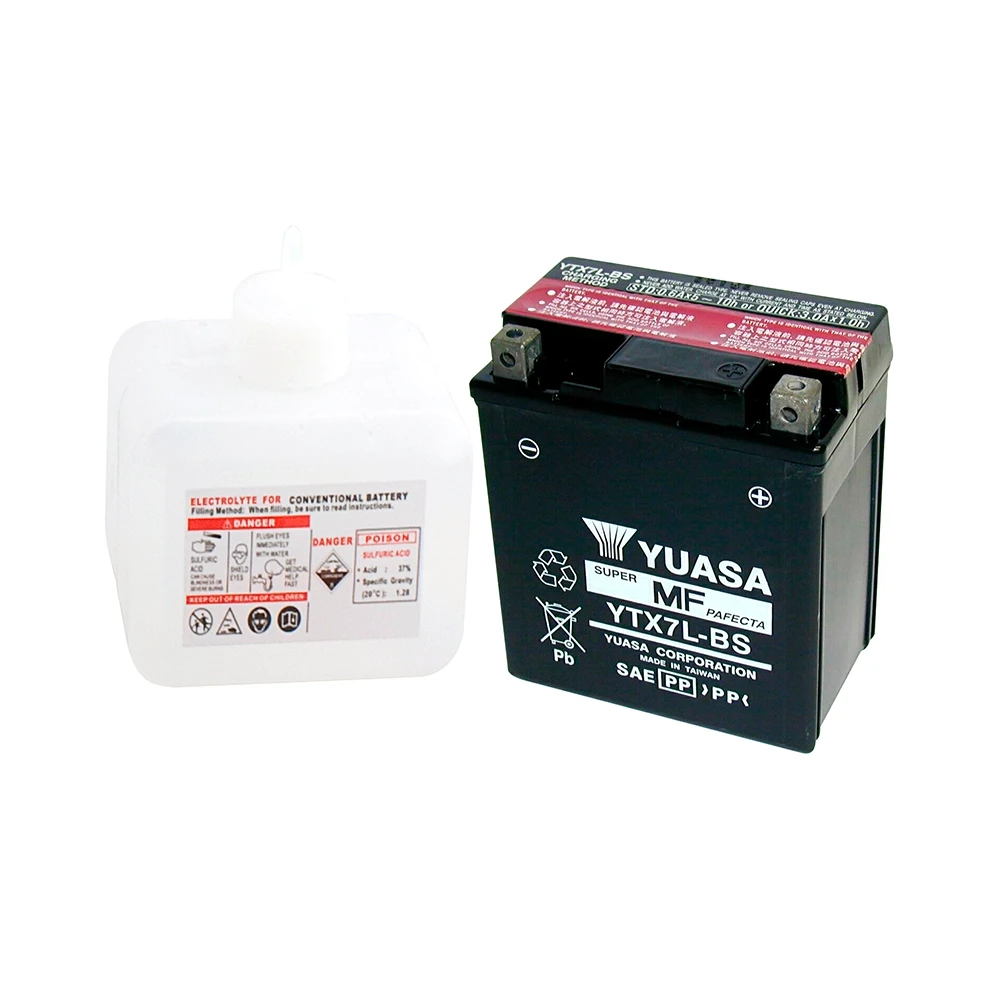 Batterie YTX7L-BS Yuasa ouverte avec pack acide