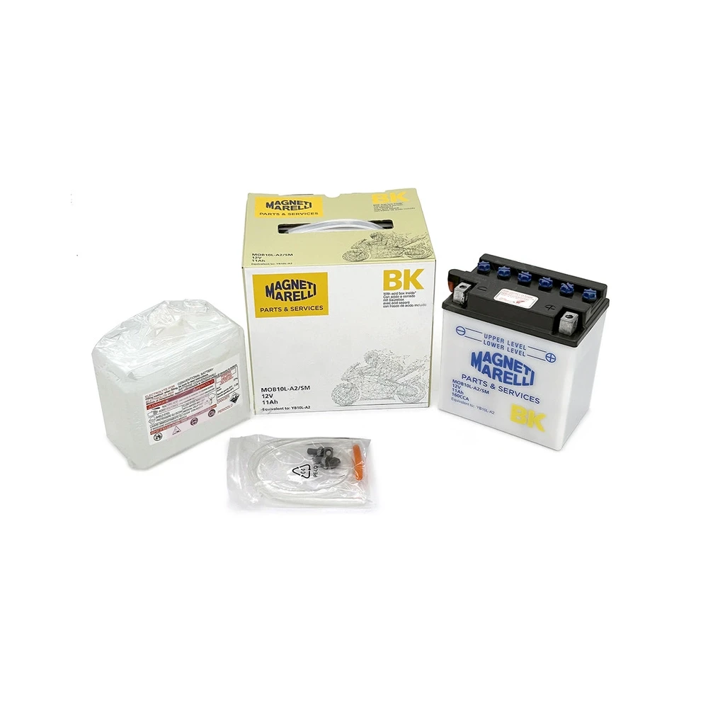 Batterie YB10L-A2 MAGNETI MARELLI ouverte avec pack acide MOB10L-A2-SM
