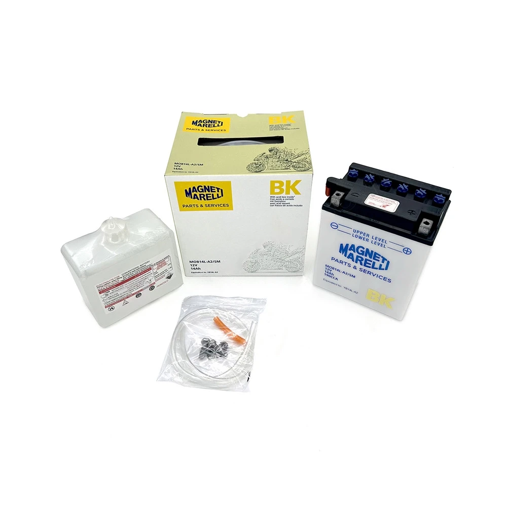 Batterie YB14L-A2 MAGNETI MARELLI ouverte avec pack acide MOB14L-A2-SM