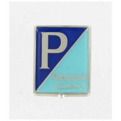 Emblème PIAGGIO GENOVA 36x47mm métal, 4 attaches, bleu clair